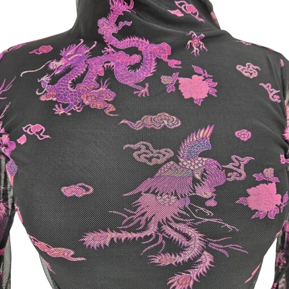 Boohoo Mesh Bodycon Mini Dress Black Oriental Dragon Long Sleeve 4 - Picture 3 of 7